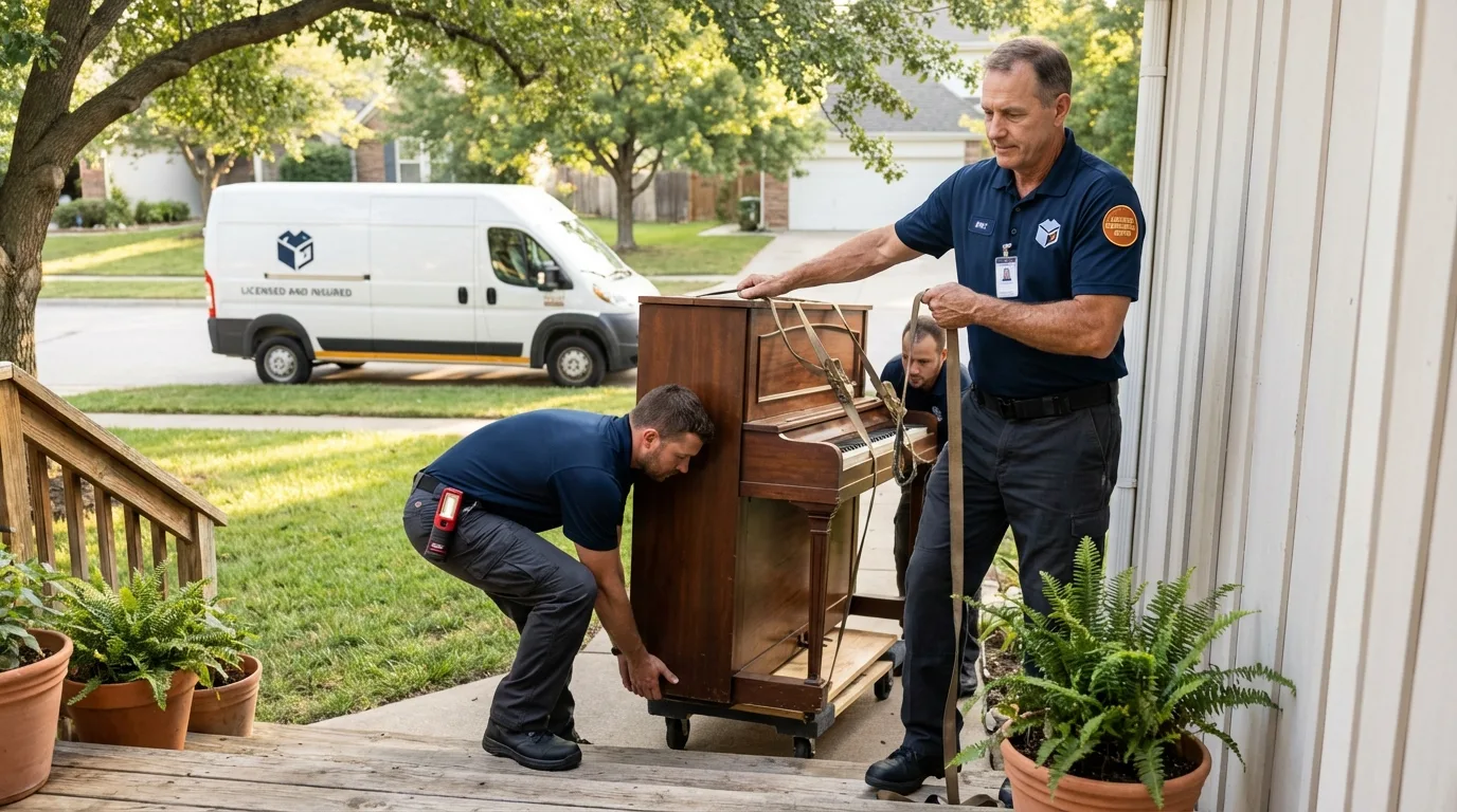 Licensed piano movers securing grand piano in Lanham, MD
