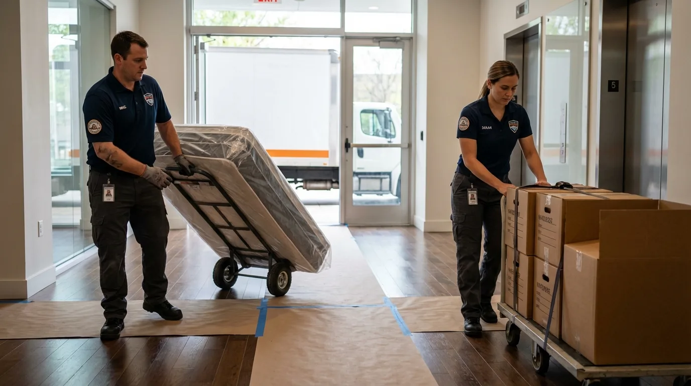 Professional apartment movers loading elevator in Lanham, MD