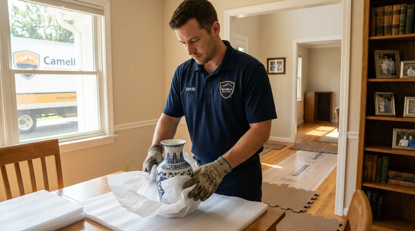 Professional crew carefully wrapping antique vase for senior downsizing move in Lanham, MD